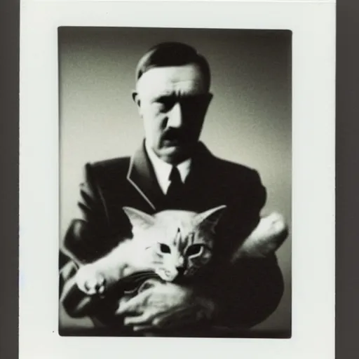 Image similar to polaroid of hitler holding a cat, dramatic backlighting