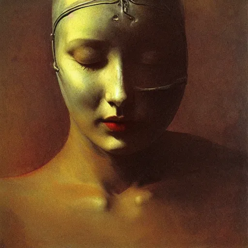 Prompt: The beautiful woman with closed eyes in steel full-face occult mask by Ilya Repin, William Blake, Michelangelo da Caravaggio and Beksinski, grisaille, highly detailed oil painting, 4k, masterpiece