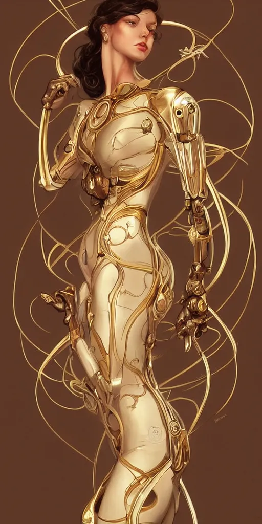 Prompt: beauty art nouveau woman, ivory and gold robotic, trending on artstation, by Artgerm