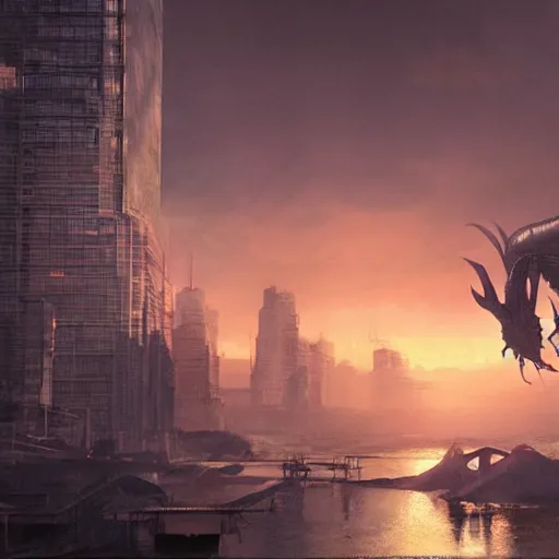 Prompt: a kaiju praying mantis attacking Tokyo, concept art, matte painting, 4k , clean post process, film still, style by raphael lacoste, eddie mendoza, alex ross