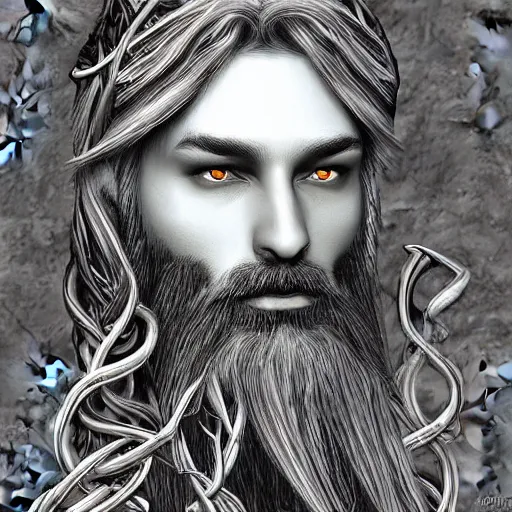 Prompt: bearded male dark elf druid gray skin with vines as hair detailed fantasy digital art
