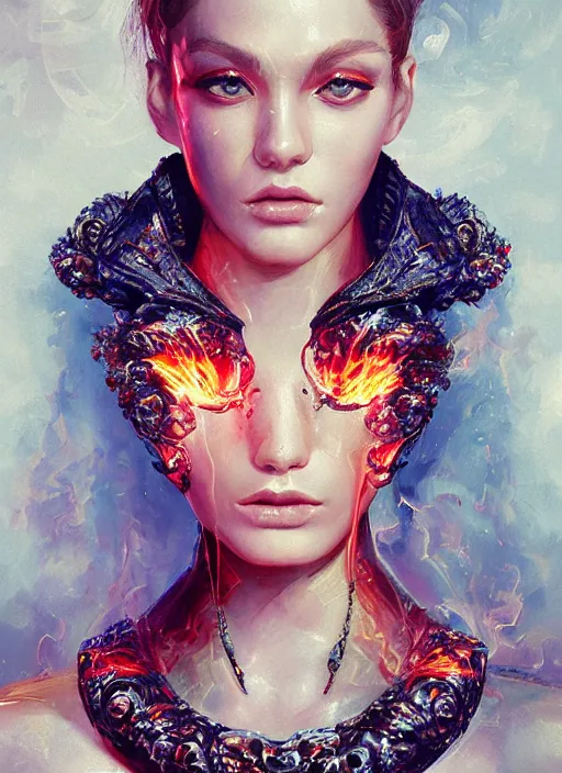 Image similar to fashion portrait with fire, female, future, torch, flame, harper's bazaar, vogue, fashion magazine, intricate, concept art, close up, ornate, luxury, elite, elegant, trending on artstation, by ruan jia, by Kenneth Willardt, by ross tran, by WLOP, by Andrei Riabovitchev,