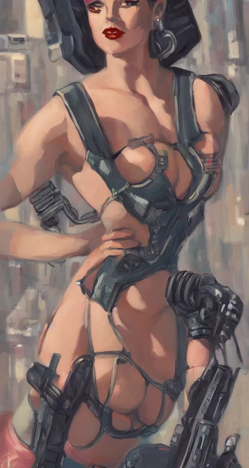 Image similar to cyberpunk woman in the style of a 1 9 4 0 s oil painted pin - up