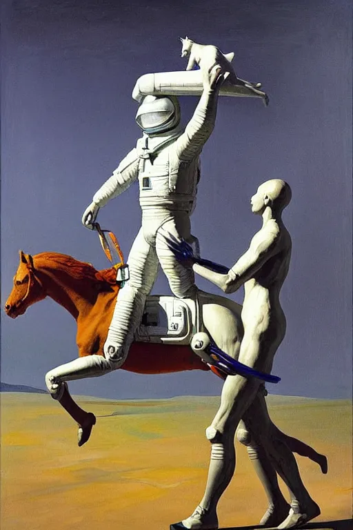 Image similar to astronaut carries a statue of a horse in his hands, hauntingly surreal, highly detailed painting by francis bacon, edward hopper, adrian ghenie, gerhard richter, and james jean soft light 4 k,