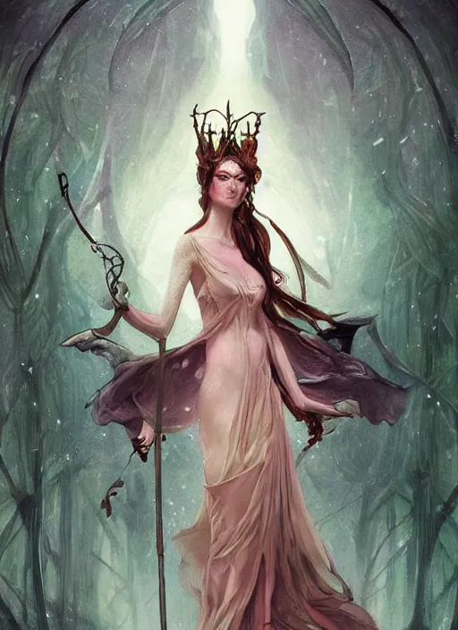 Prompt: tarot!!, fairy queen, fantasy medieval, no noise, elegant, concept art, sharp focus, beautiful face!!, digital art, smooth defined outlines!!, by Brom!!!!!, Guangjian Huang, trending on Artstation, Tom Bagshaw, Sargent