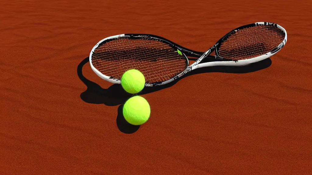 Image similar to a 3D render of a tennis racket, laying on top of a tennis ball in the dessert, high contrast, highly detailed, sharp focus, digital painting, 3D art, illustration, trending on artstation,