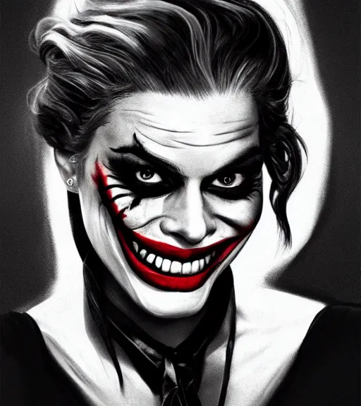 Image similar to margot robbie smiling portrait with joker makeup, black and white realism drawing, realistic face, beautiful eyes, highly detailed