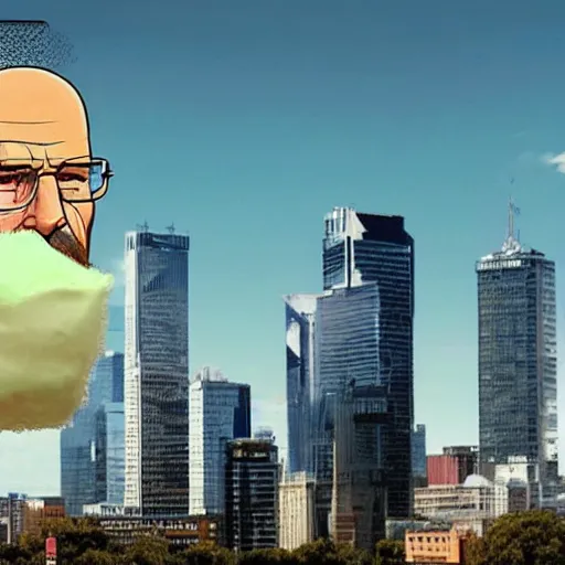 Image similar to Gargantuan Walter White towering over a city