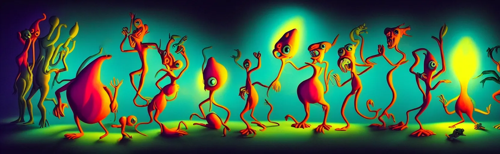 Prompt: whimsical unanny creatures from the depths of the collective unconscious, dramatic lighting, surreal fleischer cartoon characters