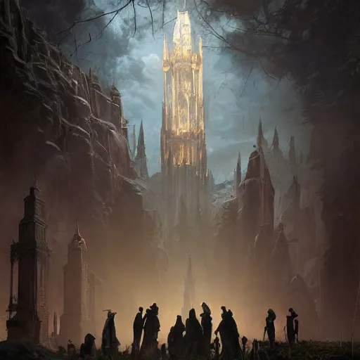 Image similar to epic masterpiece of cinematographic hyperrealism where a group of archeologists appears in front of a large vampire tower. realistic shaded lighting poster by craig mallismo, artgerm, jeremy lipkin and michael garmash, unreal engine, radiant light, detailed and intricate environment, digital art, art station trends, horror, night, darkness