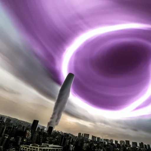 Prompt: A photograph of two extremely beautiful amazing purple tornados entering tokyo award-winning UHD 4K