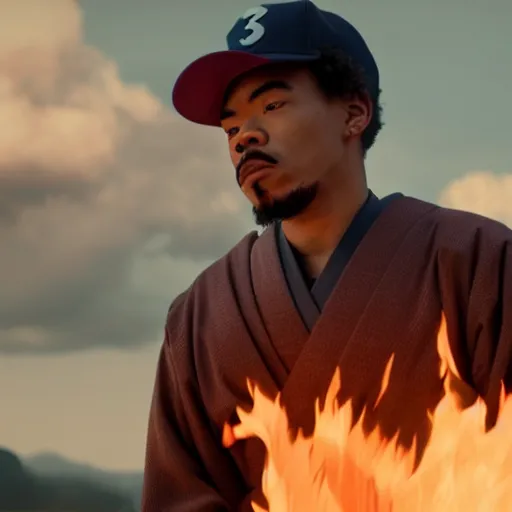 Image similar to cinematic film still of Chance The Rapper starring as a Samurai holding fire, Japanese CGI, VFX, 2022, 40mm lens, shallow depth of field, film photography