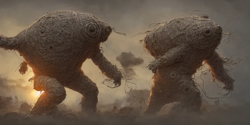 Prompt: Intricate detailed illustration, A giant human tardigrade hybrid attacking a 1940s village, cinematic lighting, by Philip Hood, wide angle, volumetric light scattering, 8k, artstation, concept art,