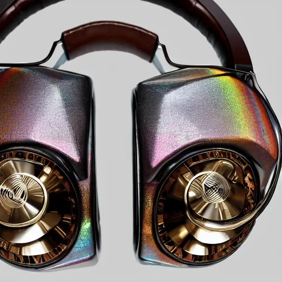 Image similar to masterpiece photo of beautiful crafted artistic bismuth metal headphones, bismuth rainbow metal, bismuth cups, leather padding, displayed on mahogany desk, modernist headphones, bismuth headphones beautiful well designed, hyperrealistic, audiophile, intricate hyper detail, extreme high quality, photographic, meze audio, sennheiser, hifiman, artstation, abyssal audio