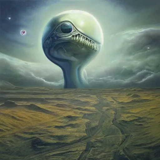 Image similar to hyperrealistic oil painting of alien and surreal landscapes