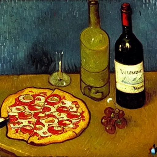 Image similar to Oil painting of a still life with a pizza and wine bottle, by Vincent van Gogh,