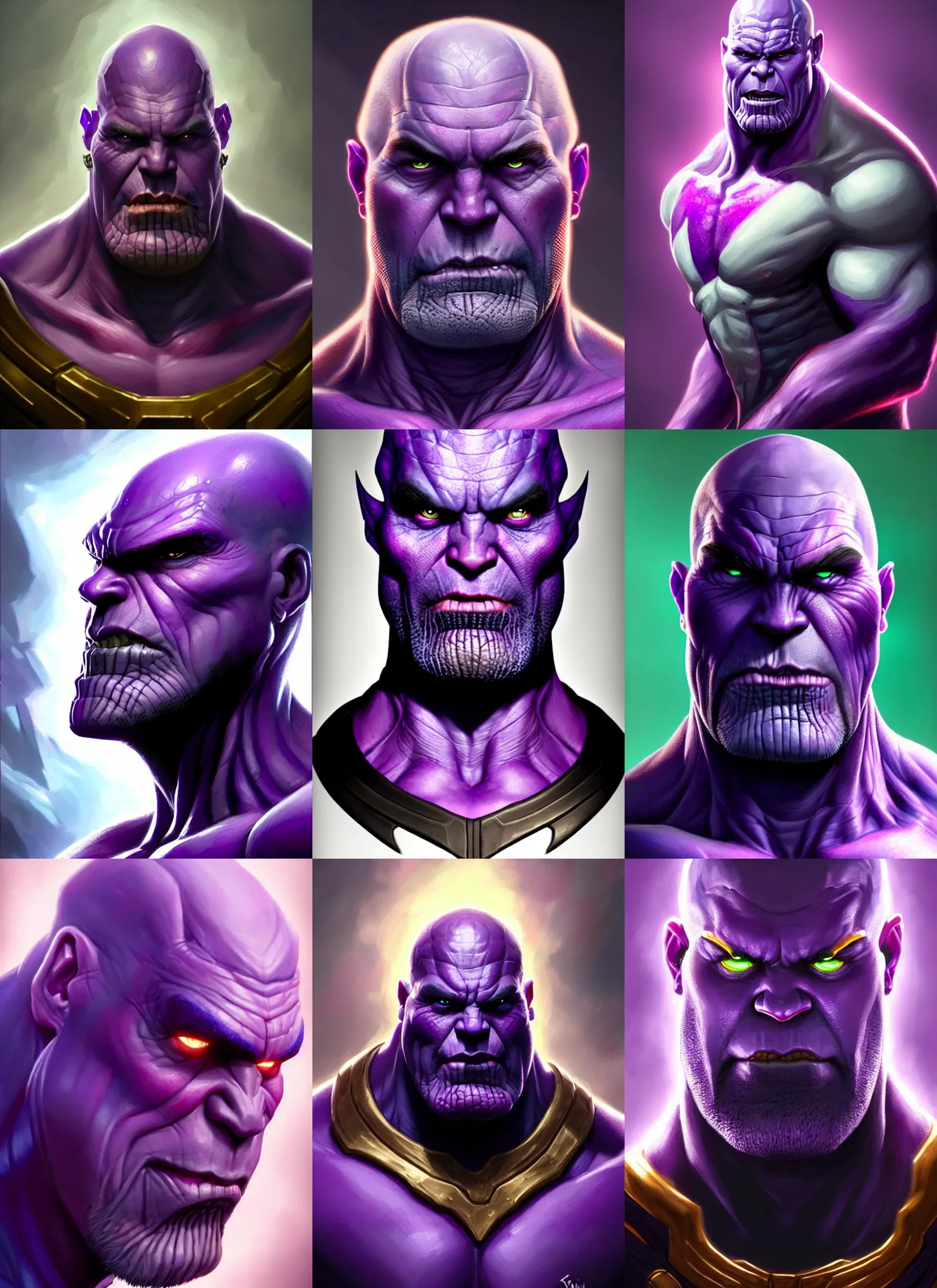Prompt: a fantasy style portrait painting a character if drax the destroyer and thanos had a son, purple skin, powerful chin, thanos style traits, painting, unreal 5, daz., rpg, portrait, extremely detailed, artgerm greg rutkowski _ greg