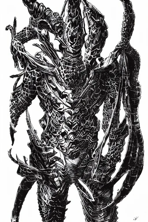 Prompt: the guyver from bio - booster armor guyver 強 殖 装 甲 カイハ as a d & d monster, pen - and - ink illustration, etching, by russ nicholson, david a trampier, larry elmore, 1 9 8 1, hq scan, intricate details, high contrast
