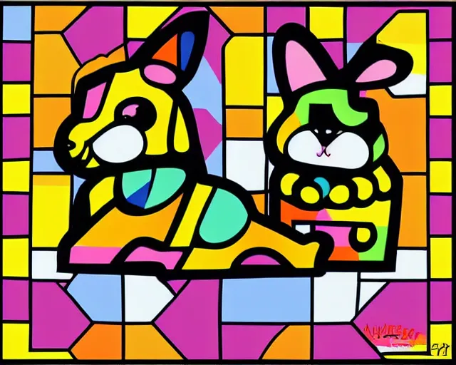 Image similar to a very cute netherland dwarf black bunny, art by romero britto