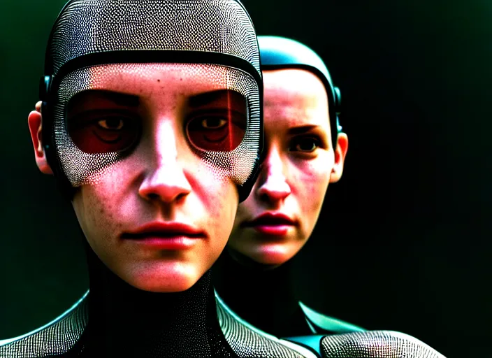 Prompt: cinestill 5 0 d photographic portrait of loving female androids wearing rugged black mesh techwear in a desolate american city, extreme closeup, modern cyberpunk, dust storm, 8 k, hd, high resolution, 3 5 mm, f / 3 2, ultra realistic faces, intricate detail, ex machina