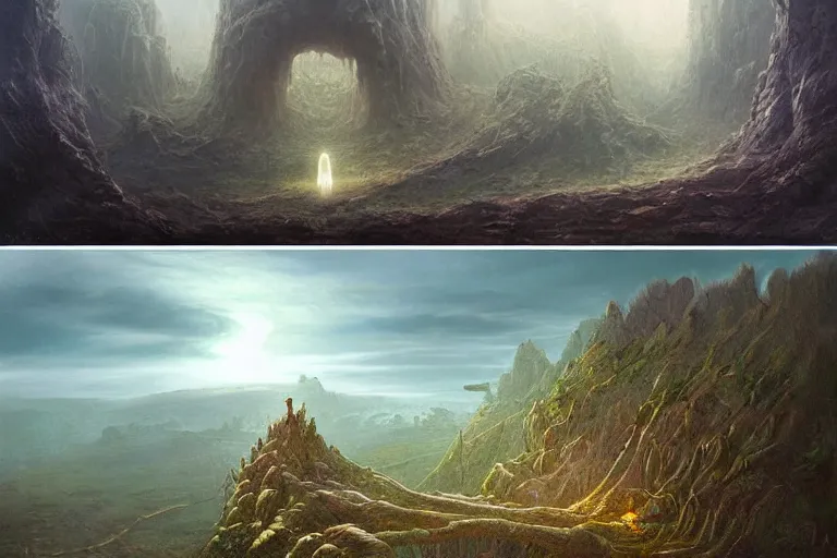 Image similar to amazing concept painting, by Jessica Rossier and HR giger and Beksinski, prophecy, hallucination, cliff face terraces of fantasy foliage, Angel of the LORD, Adam, Eve, Serpent, garden of eden, lush fruit orchard stream and rock garden