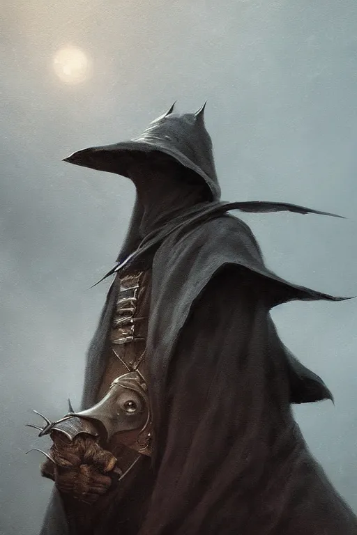 Image similar to A closeup of a Plague Doctor by Greg Rutkowski, Dan Mumford, Christophe Vacher, Bloodborne, 4k photorealistic, volumetric lighting, HD, high details, dramatic, dark atmosphere, trending on artstation