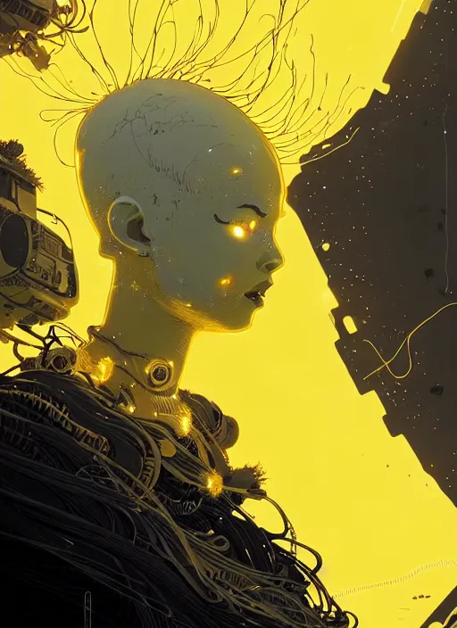 Prompt: highly detailed closeup portrait of wasteland long glowing yellow and white plasma hair tribal lady, stray electric spark wiring by atey ghailan, james gilleard, by joe fenton, by greg rutkowski, by greg tocchini, by kaethe butcher, 4 k resolution, gradient yellow, black and white color scheme!!! ( ( lightning robotic city background ) )