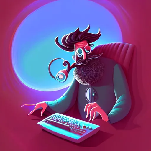 Image similar to curled perspective digital art of curly grey hair bearded man with big nose using a computer by anton fadeev from nightmare before christmas