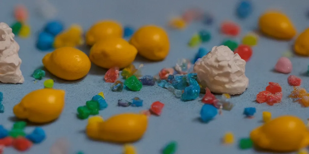 Image similar to a cinematic film still of a claymation stop motion film about a town made of lemons and candy, shallow depth of field, 8 0 mm, f 1. 8