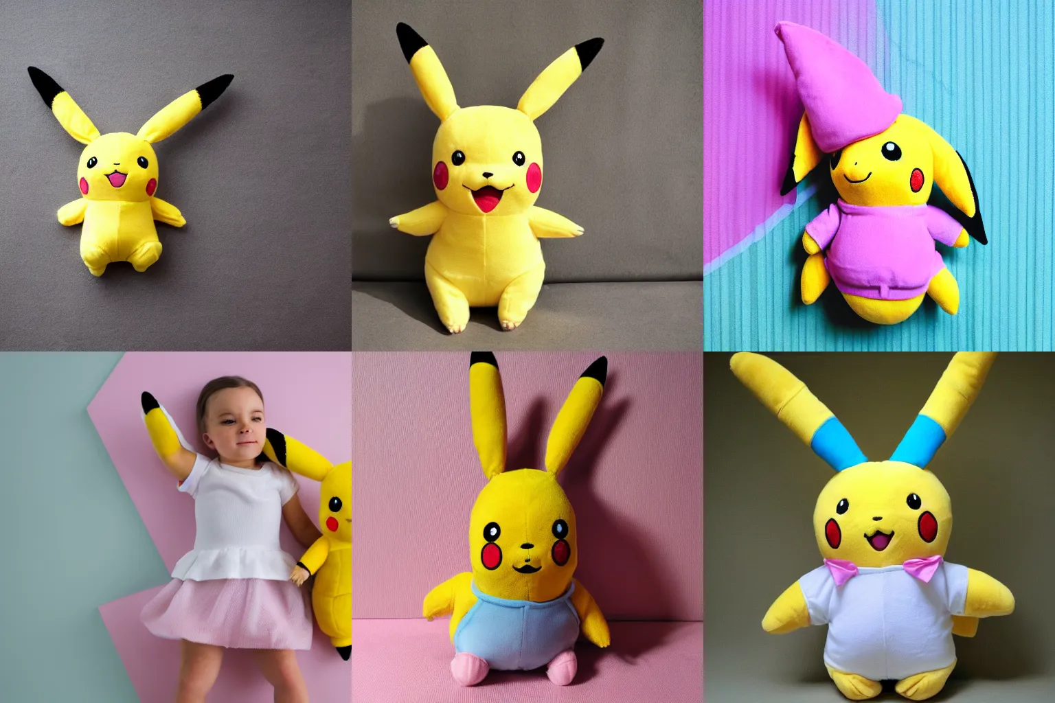 Prompt: Full length portrait of cute plush pikachu in pastel colors, photo