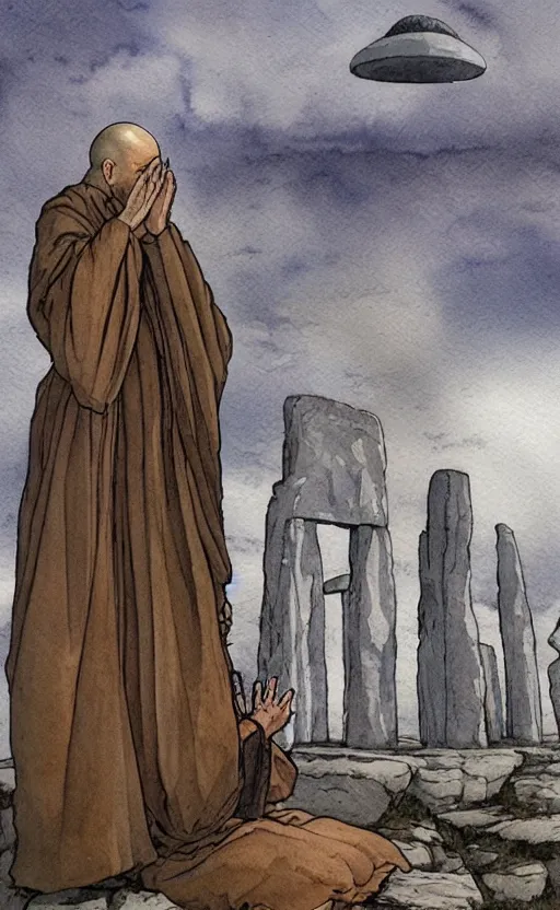 Image similar to a realistic and atmospheric watercolor fantasy concept art of giant monk with an elongated head in grey robes sitting in stonehenge. in the foreground a tiny medieval monk in grey robes is praying. in the background a ufo is in the sky. by rebecca guay, michael kaluta, charles vess