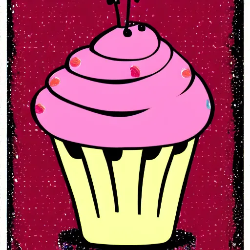 Prompt: a close up drawing of a cute pink cupcake with cherry on top, retro pop art, poster
