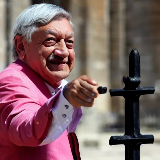Prompt: amlo pointing the gun at his head, being in windsor castle.