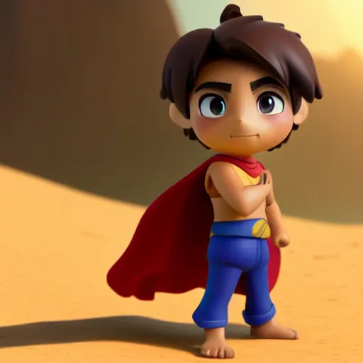 Image similar to profile view of young heroic aladdin as nendoroid walking in a desert in the croods movie style, anime, disney, pixar, 8 k, hd, dof, kodak film, volumetric lighting, subsurface scattering, photorealistic, octane render, details