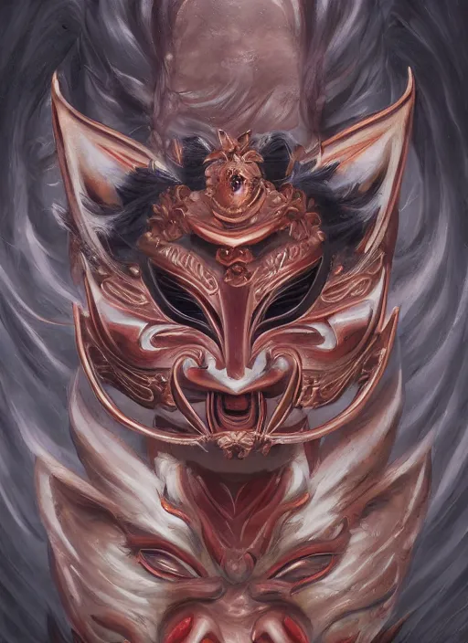 Image similar to a beautiful detailed oil on copper art illustration of a japanese oni kitsune mask devil woman, the mask is broken, centered, by charlie bowater, zeng fanzh, trending on artstation, dim dusk lighting, cinematic lighting, detailed lighting, volumetric lighting, realistic, f 8, 4 k hd wallpaper