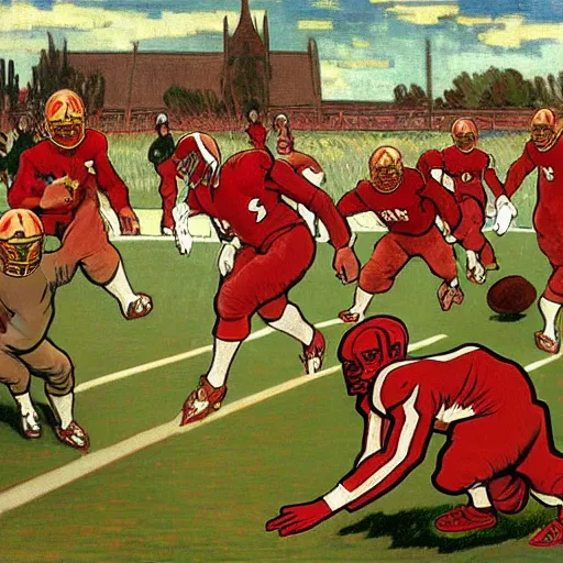 Image similar to painting of arkansas razorbacks playing football at the halloween! party, bubbling cauldron!, candles!, graveyard, gravestones, ghosts, smoke, autumn! colors, elegant, wearing suits!, clothes!, delicate facial features, art by alphonse mucha, vincent van gogh, egon schiele