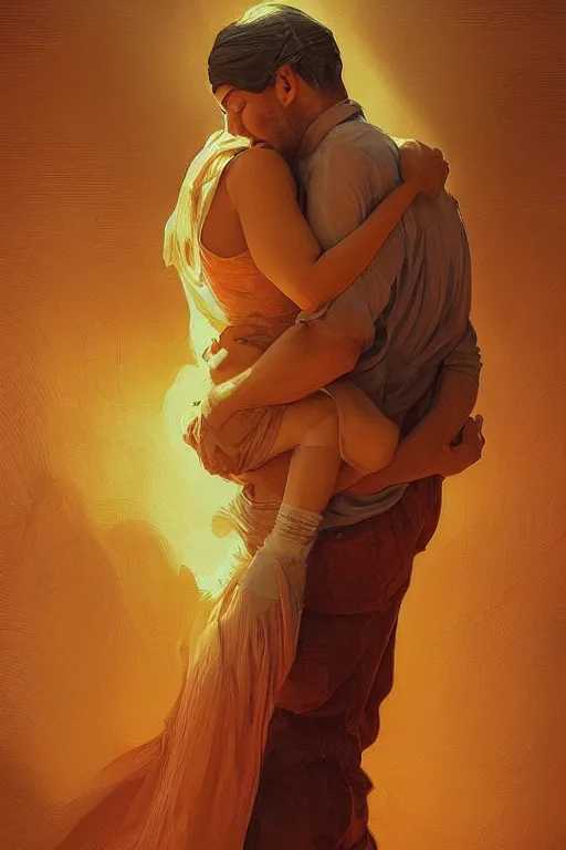 Prompt: portrait of tinfoil hat man in orange t - shirt hugging from behind his wife in a bed, feelings, romantic, fantasy, intricate, elegant, highly detailed, digital painting, artstation, concept art, smooth, sharp focus, illustration, art by artgerm and greg rutkowski and alphonse mucha