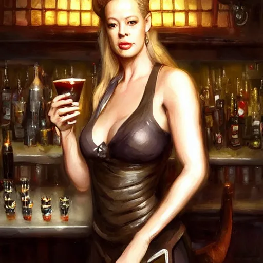 Prompt: Portrait of 25 year old Jeri Ryan as a seductive bar maid serving drinks in a medieval pub, white lighting, digital art by Ruan Jia and Mandy Jurgens and Artgerm, highly detailed, trending on artstation, award winning,