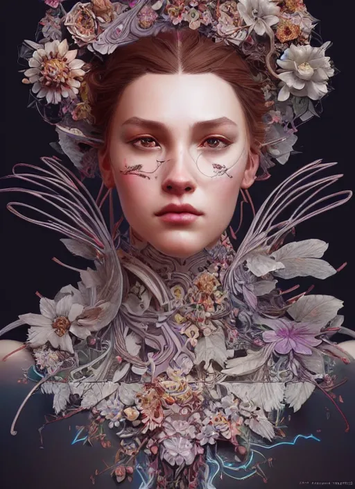 Image similar to symmetry!! portrait of floral! horizon zero dawn machine, intricate, elegant, highly detailed, digital painting, artstation, concept art, smooth, sharp focus, illustration, art by artgerm and greg rutkowski and alphonse mucha, 8 k