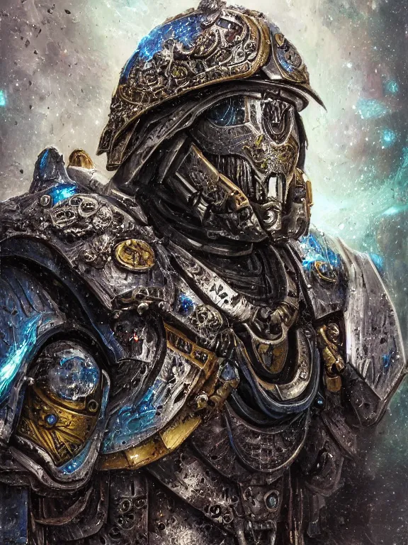 Prompt: portrait art of 8k ultra realistic undead space marine Gandalf, ornate intricate smashed galaxy helmet , detailed intricate ornate armour,blade runner, cybernetic, full of colour, cinematic lighting, battered, trending on artstation, 4k, hyperrealistic, focused, extreme details,unreal engine 5, cinematic, masterpiece, art by ayami kojima, giger