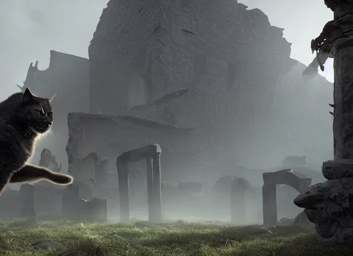 Image similar to a viking riding a giant black cat walks through the ruins of a viking village, horror, dramatic lighting, dawn, by caspar david friedrich, unreal engine 5