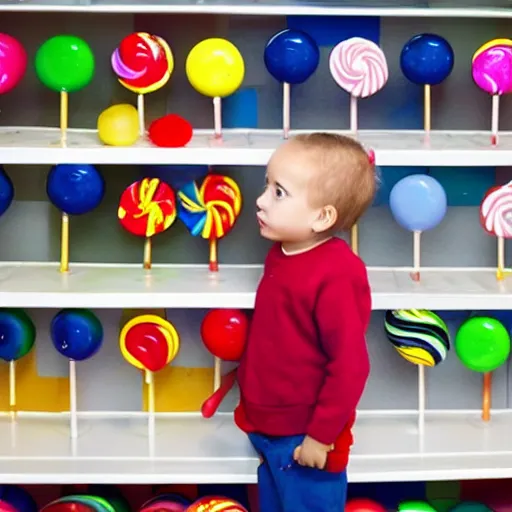 Prompt: a child looking longingly at a lollipop on the top shelf