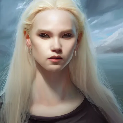 Prompt: A masterpiece portrait of a A albino Asian blonde girl with large nose ring and obsidian in her forehead. Goddess of matrix. trending on artstation, digital art, by Stanley Artgerm Lau, WLOP, Rossdraws, James Jean, Andrei Riabovitchev, Marc Simonetti, Yoshitaka Amano