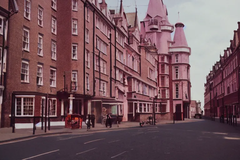 Image similar to London Street in the style of The Grand Budapest Hotel, a sunny day, 35mm, Kodak Vision3