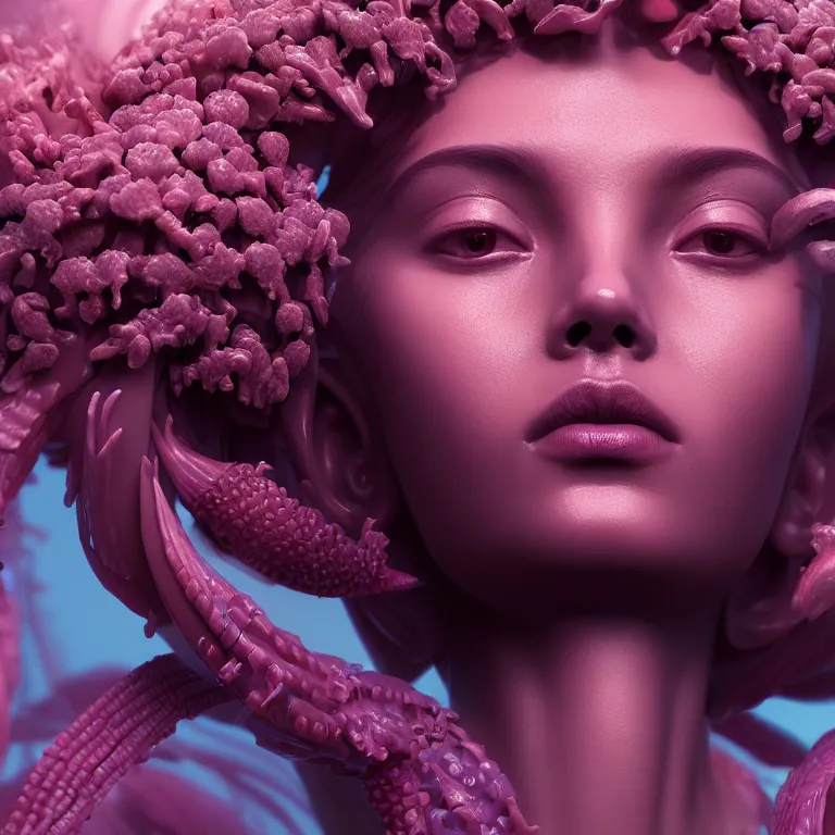 Image similar to goddess full painted acryllic sculpture close-up portrait. orchid bird phoenix jellyfish betta fish, intricate artwork by Tooth Wu and wlop and beeple. octane render, trending on artstation, greg rutkowski very coherent symmetrical artwork. cinematic, hyper realism, high detail, octane render, 8k