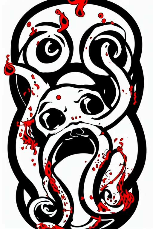 Image similar to Pug with tentacles, the devil, sticker, blood thirsty, spawn of Satan, burning in hell, blood, evil, colorful, illustration, highly detailed, simple, smooth and clean vector curves, no jagged lines, vector art, smooth