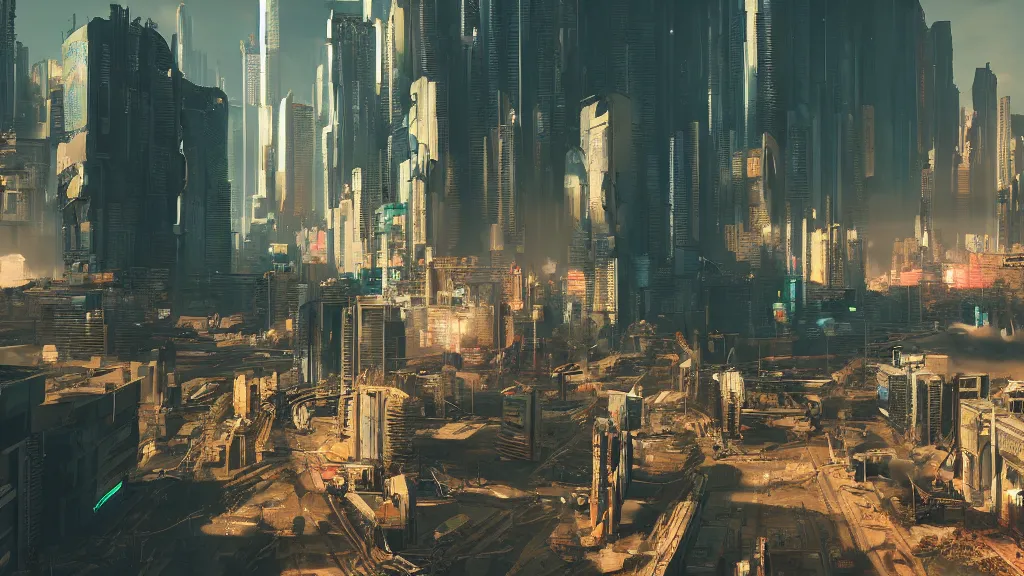 Image similar to a war in cyberpunk city, trending on artstation, hyper realistic, cinematice landscape, atmosphere lighting, 4 k render, octane render art by jama jurabeav, leo cao, eddy mendoza