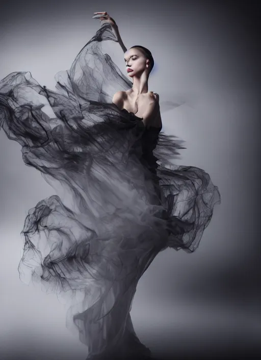 Image similar to a Photorealistic dramatic hyperrealistic render of a glamorous beautiful Female smoke dancer by Ken Brower and Deborah Ory of NYC Dance project,Lois Greenfield,Flowing cloth and smoke,Beautiful dynamic dramatic dark moody lighting,volumetric,shadows,cinematic atmosphere,Octane render,8K