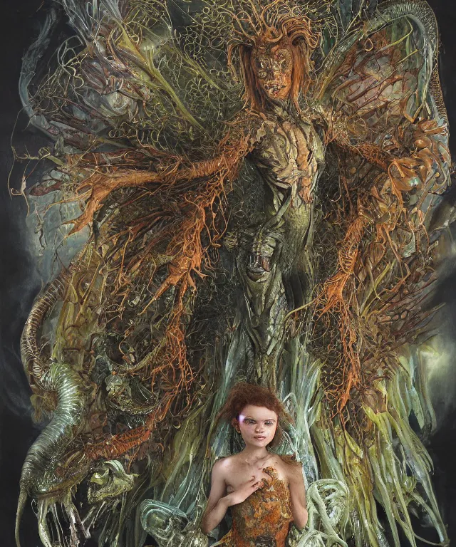 Prompt: portrait photograph of a fierce sadie sink as an alien harpy queen with slimy amphibian skin. she is trying on evil bulbous slimy organic membrane fetish fashion and transforming into a fiery succubus amphibian villian raptor. by donato giancola, walton ford, ernst haeckel, brian froud, hr giger. 8 k, cgsociety