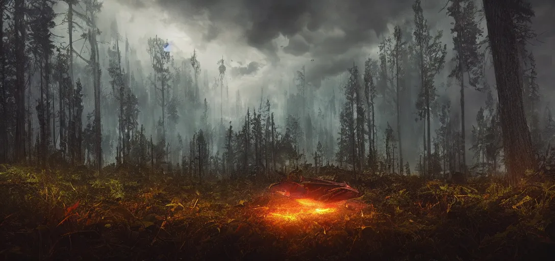 Image similar to cinematic, panorama, spaceship crashed overgrown vegetation, boreal forest, a storm of fire raining down, sharp focus, wideshot ultrawide angle epic scale, dynamic dramatic dark moody lighting, shadows, cinematic atmosphere, artstation, hyperrealistic 3 d digital art, octane render, 8 k 4 k uhd image